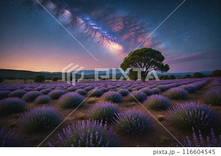 Lavender field at night, amazing landscape with starry sky, milky way and glow of sunrise 116604545