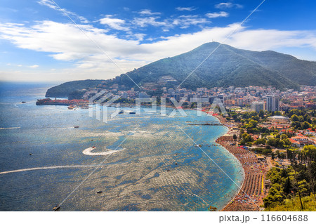 Captivating summer view of Adriatic sea coast and Budva city. Captivating summer view of Adriatic sea coast and Budva city. 116604688