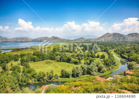 Captivating sunny morning view of valley of Moraca river from Zabljak Crnojevica Fortress. 116604690