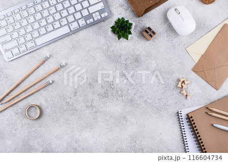 Top view work desk office workspace 116604734