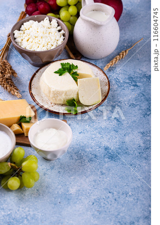 Judaic holiday Shavuot concept. Tzfat cheese and dairy products 116604745