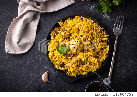 Pilaf, rice with vegetables and lamb meat Pilaf, rice with vegetables and lamb meat 116604758