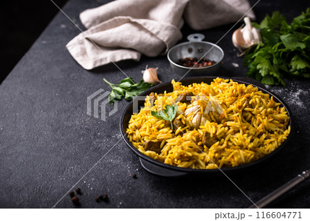 Pilaf, rice with vegetables and lamb meat 116604771