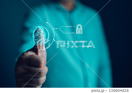 Businessman protecting personal data on fingerprint scan with virtual screen interfaces. Cyber security and privacy concepts to protect data. Lock icon and internet network security technology. 116604828