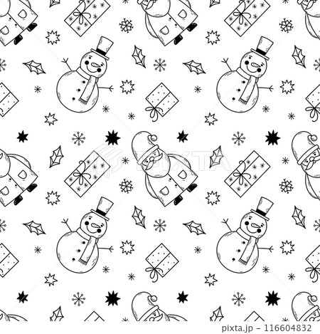 Christmas seamless pattern with Santa , snowmen and gifts. Line graphics, sketch style. 116604832