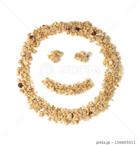 crunchy granola breakfast on white background, top view crunchy granola breakfast on white background, top view 116605011