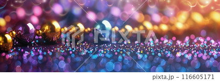 Colorful Beads and Bokeh Lights Against a Purple Background 116605171