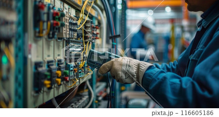 Electrician Working on Industrial Electrical Panel With Multimeter 116605186