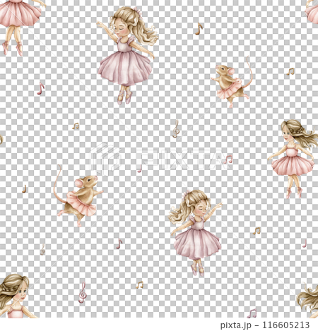 Watercolor seamless pattern with cute little ballerinas and mouse. Hand drawn illustration heart and notes or treble clef on isolated background. Background for girl textile with dancing in pink dress 116605213