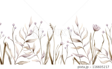 Seamless border with watercolor fantasy botanical illustration branches and flowers. Lilac circle floral illustration. Fall vibes. Hand drawing isolated on background. Banner with herds pastel color. 116605217
