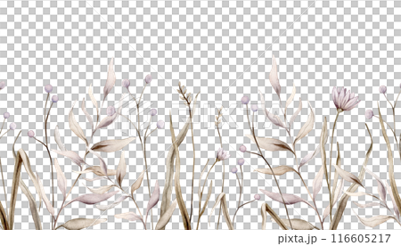 Seamless border with watercolor fantasy botanical illustration branches and flowers. Lilac circle floral illustration. Fall vibes. Hand drawing isolated on background. Banner with herds pastel color. Seamless border with watercolor fantasy botanical illustration branches and flowers. Lilac circle floral illustration. Fall vibes. Hand drawing isolated on background. Banner with herds pastel color. 116605217