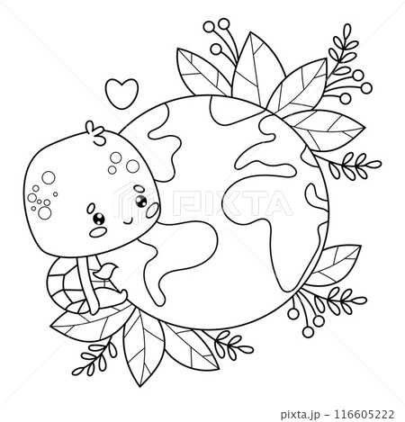Outline cute cartoon turtle character with planet Earth. Concept ecology green life, conservation, protection of nature and animal. Vector illustration. Line drawing, coloring book. Kids collection. 116605222