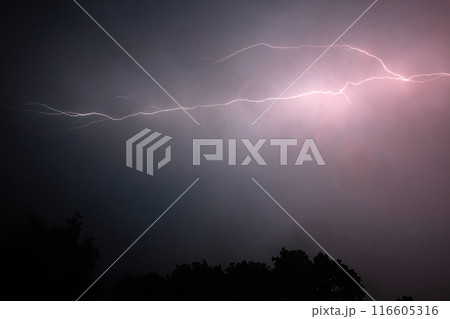 Lightning Storm. A dramatic lightning storm in the night sky with striking lightning bolts. 116605316