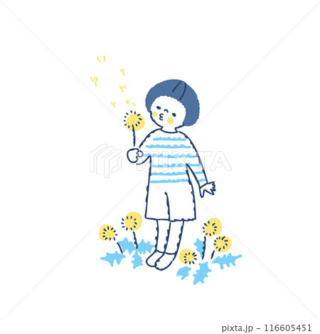 タンポポの綿毛に息を吹きかけて遊ぶ子供 タンポポの綿毛に息を吹きかけて遊ぶ子供 116605451