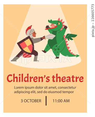 Vector poster of a children's theater show with fairy-tale characters a knight and a dragon 116605773