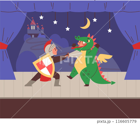Cute kids in costumes of knight and dragon on stage of theater, vector performance show on scene with fairy tale castle 116605779