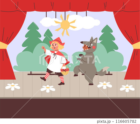 Theatre children actors performing Red Hood fairy tale in costumes on theater stage with red curtains cartoon vector Theatre children actors performing Red Hood fairy tale in costumes on theater stage with red curtains cartoon vector 116605782