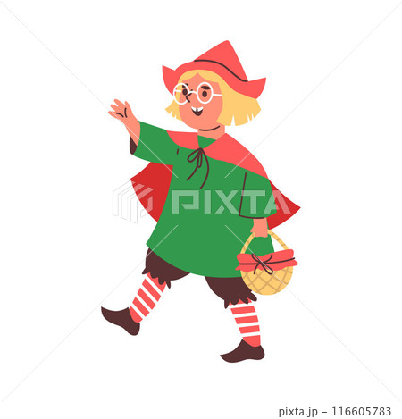 Girl dressed as a Little Red riding hood with basket, vector child in fairy tale theater costume, kid actor performance Girl dressed as a Little Red riding hood with basket, vector child in fairy tale theater costume, kid actor performance 116605783