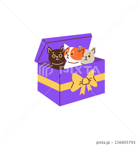 Vector set of adorable kittens snuggled in an yellow cardboard box with a bow Vector set of adorable kittens snuggled in an yellow cardboard box with a bow 116605793