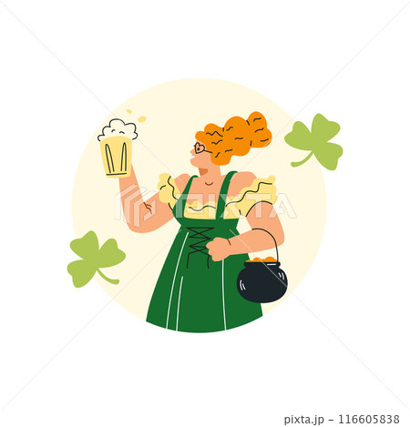 Vector icon St. Patrick's Day a girl holding a beer and a pot of gold 116605838