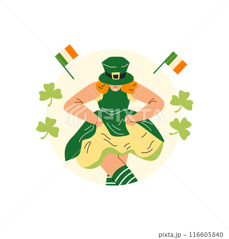 A woman dressed in a green leprechaun costume. Sticker in flat style on isolated background. 116605840