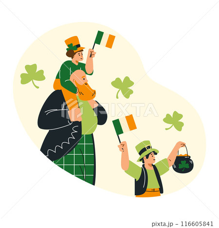 Father children wearing green traditional Irish costume celebrating St. Patrick's day holiday, Leprechaun symbols vector 116605841