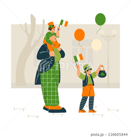Father and children wearing green Leprechaun Irish costume celebrating St. Patrick's day holiday on city street vector 116605844