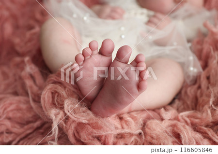 The tiny foot of a newborn. Soft feet of a newborn in a pink red flakatti. Close up of toes, heels and feet of a newborn baby.Openwork white dress. Studio Macro photography. Woman's happiness. 116605846
