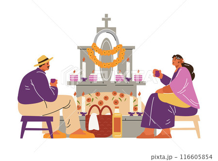 Dia de los Muertos vector art. Scenes of visiting graves. Dia de los Muertos vector art. Scenes of visiting graves. 116605854