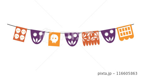 Paper cut papel picado flags, vector hanging garland decorated with skull and flowers, Dia de los muertos Mexican decor 116605863