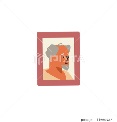Vector illustration with wooden frame with a photo of a happy elderly man, side view Vector illustration with wooden frame with a photo of a happy elderly man, side view 116605871