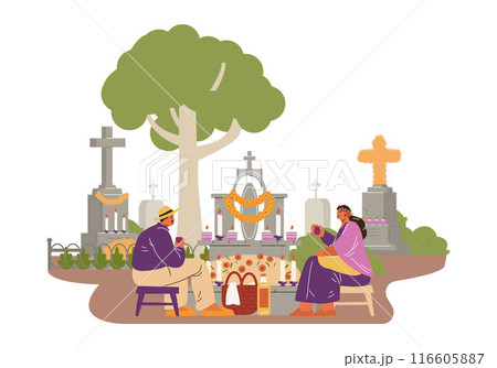 vector illustration with a people celebrating the feast of the Day of the Dead. 116605887