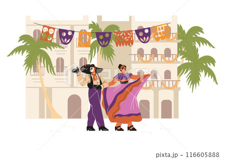 Woman and man with painted sugar skull mask dancing on street decorated with paper cut flags vector Dia de los muertos 116605888