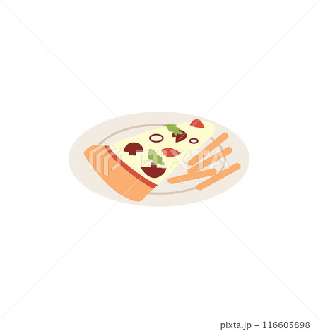 A piece of pizza with mushrooms on a plate. Flat style isolated background. 116605898
