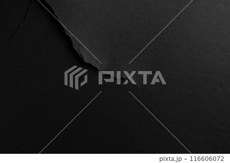 Roughly torn tear of black paper sheet with grainy textures. Monochrome ripped surface. Abstract composition 116606072