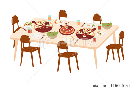 Vector illustration of an Italian dinner at the table with pepperoni pizza, cheese and herbs 116606161