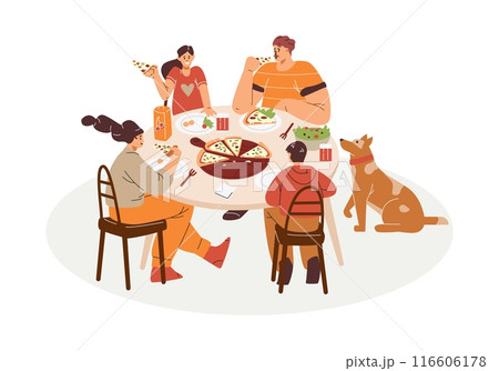 Shared food with pizza and pets, vector image on isolated background. Shared food with pizza and pets, vector image on isolated background. 116606178