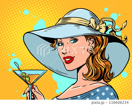 Pop Art Retro An elegant woman in a hat and dress holds a cocktail in her hands. New summer collection of women's clothing. Profitable vacation with comfort. Pop Art Retro An elegant woman in a hat and dress holds a cocktail in her hands. New summer collection of women's clothing. Profitable vacation with comfort. 116606234