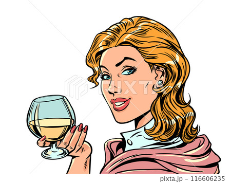 Pop Art Retro A beautiful girl is holding a glass of drink. Seasonal offers of alcoholic drinks. Advertising of the establishment. Pop Art Retro A beautiful girl is holding a glass of drink. Seasonal offers of alcoholic drinks. Advertising of the establishment. 116606235