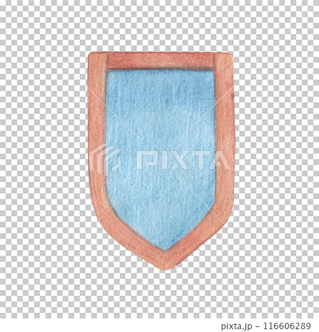 Watercolor illustration of a knight shield in blue. Long medieval shield, isolated. Hand drawn, sketch 116606289