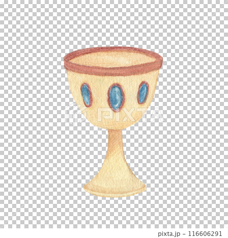 Watercolor illustration of golden medieval drink cup decorated with precious blue stones. Hand drawn sketch. Isolated Watercolor illustration of golden medieval drink cup decorated with precious blue stones. Hand drawn sketch. Isolated 116606291