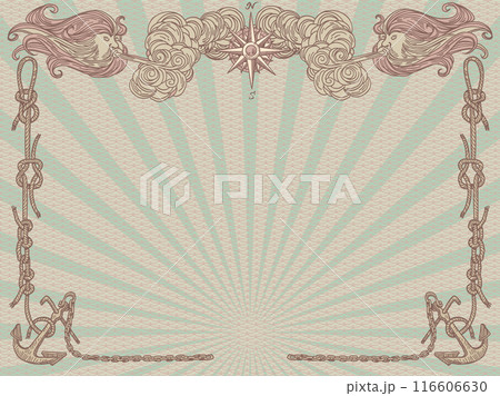 Background with a frame of nautical maps. Fantasy stylish design of an advertising poster. Antique stylized nautical frame with empty space. 116606630