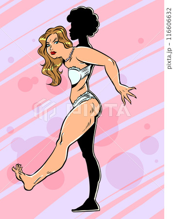 A woman is trying to fit into the silhouette of an ideal figure. The problem of high expectations in society. Work on your health and body. A woman is trying to fit into the silhouette of an ideal figure. The problem of high expectations in society. Work on your health and body. 116606632