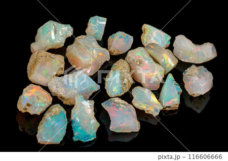 macro mineral stone rare and beautiful opals on a black background 116606666