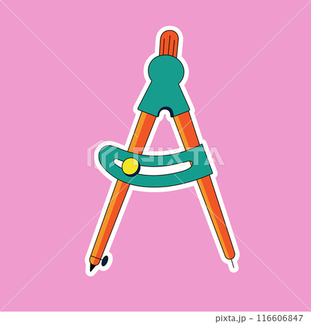 Bright vector sticker of office compass. Isolated school supplies icon on pink background, stationery, vector illustration in cartoon style. Good match for you design in retro style. 116606847