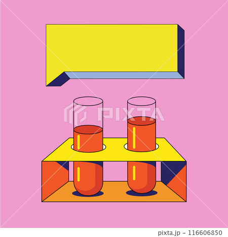 Chemical test tubes for experiments. Test tubes with orange solution. In a yellow-orange stand. On a pink background. With yellow space for signature. 116606850
