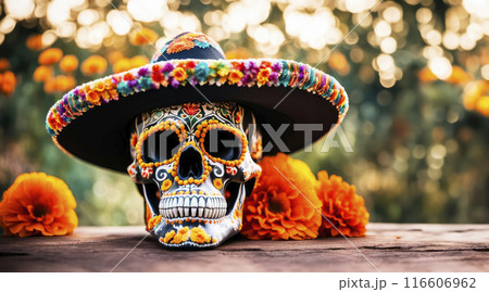 Skull painted with colored patterns, sombrero, skull decorated with marigolds for El Dia de Muertos 116606962