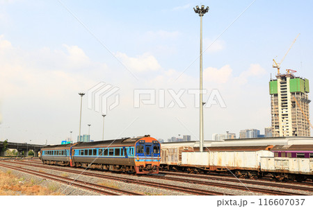 diesel multiple unit or Diesel Railcar on the railroad tracks near train station. diesel multiple unit or Diesel Railcar on the railroad tracks near train station. 116607037