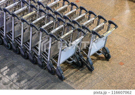 Airport trolleys get ready to serve passengers at Airport. 116607062