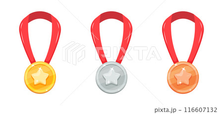 Set of prize medals with star on ribbon. Award for first, second and third place. Gold, silver and bronze pendant Set of prize medals with star on ribbon. Award for first, second and third place. Gold, silver and bronze pendant 116607132
